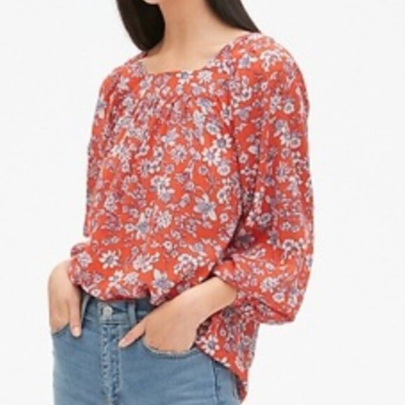 GAP red floral square neck blouse Womens Medium boho festival lightweight - Picture 1 of 7